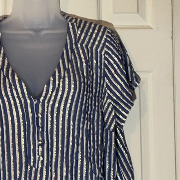 Torrid Blue and Sparkly Gold Lurex Striped Blouse 0/0X - Picture 7 of 15